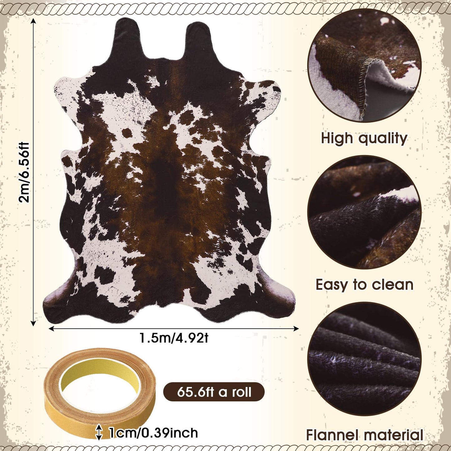 Breling 59" x 79" Western Party Decoration Faux Cowhide Rug Western Animal Flannel Cow Print Rug Farmhouse Rustic Home Decor for West Theme Birthday Party Supplies Bedroom Decor(Brown,Elegant Style)