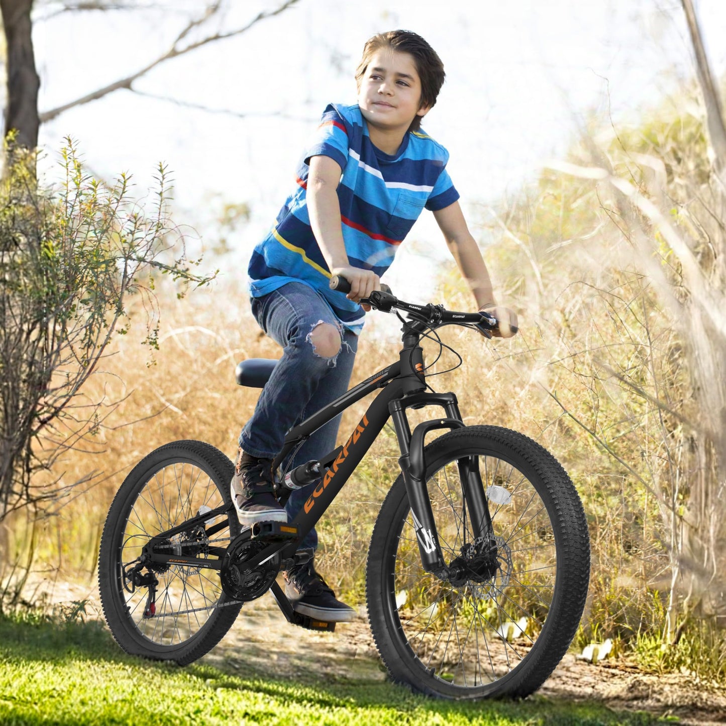 Ecarpat 24 inch Mountain Bike Full Suspension, 21 Speeds Dual Disc Brake Men Boys Bike for 10+ Years, Carbon Steel Frame, Trail Beach Snow Commuter City Bikes, Birthday Gift Choice