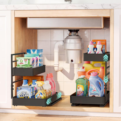 EVERIE Height Adjustable 2 Tier Metal Pull Out Slide Shelf Organizer for Under Sink Cabinets in Kitchen, Bathroom, with Snap-on Top Tray, 16" Deep (Black, 2 Sets)
