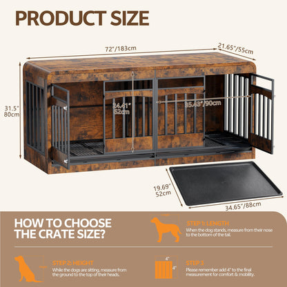 Homiflex 72" Double Dog Crate Furniture, Dog Crates for 2 Medium Large Dogs, Dog Cage TV Stand Side Table Wooden Indoor Dog Kennel with Removable Divider & Pull-Out Tray, Rustic Brown