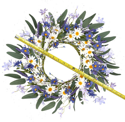 VioletEverGarden 20 Inch Spring Wreath for Front Door, Violet Blue and White Daisy Floral Decor