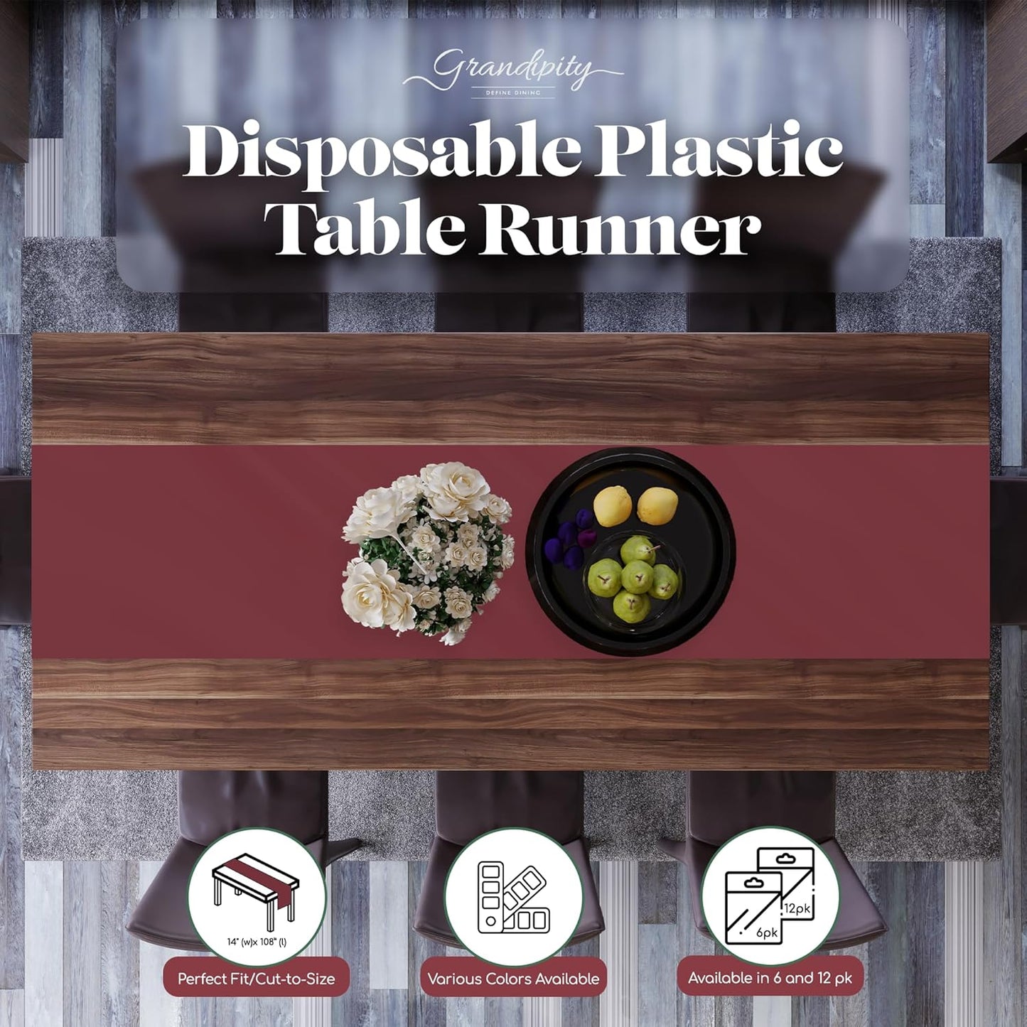 12 Pack 14 108 Inch. Burgundy Premium Disposable Plastic Table Runner x Table Runner for Dinner Parties & Events by