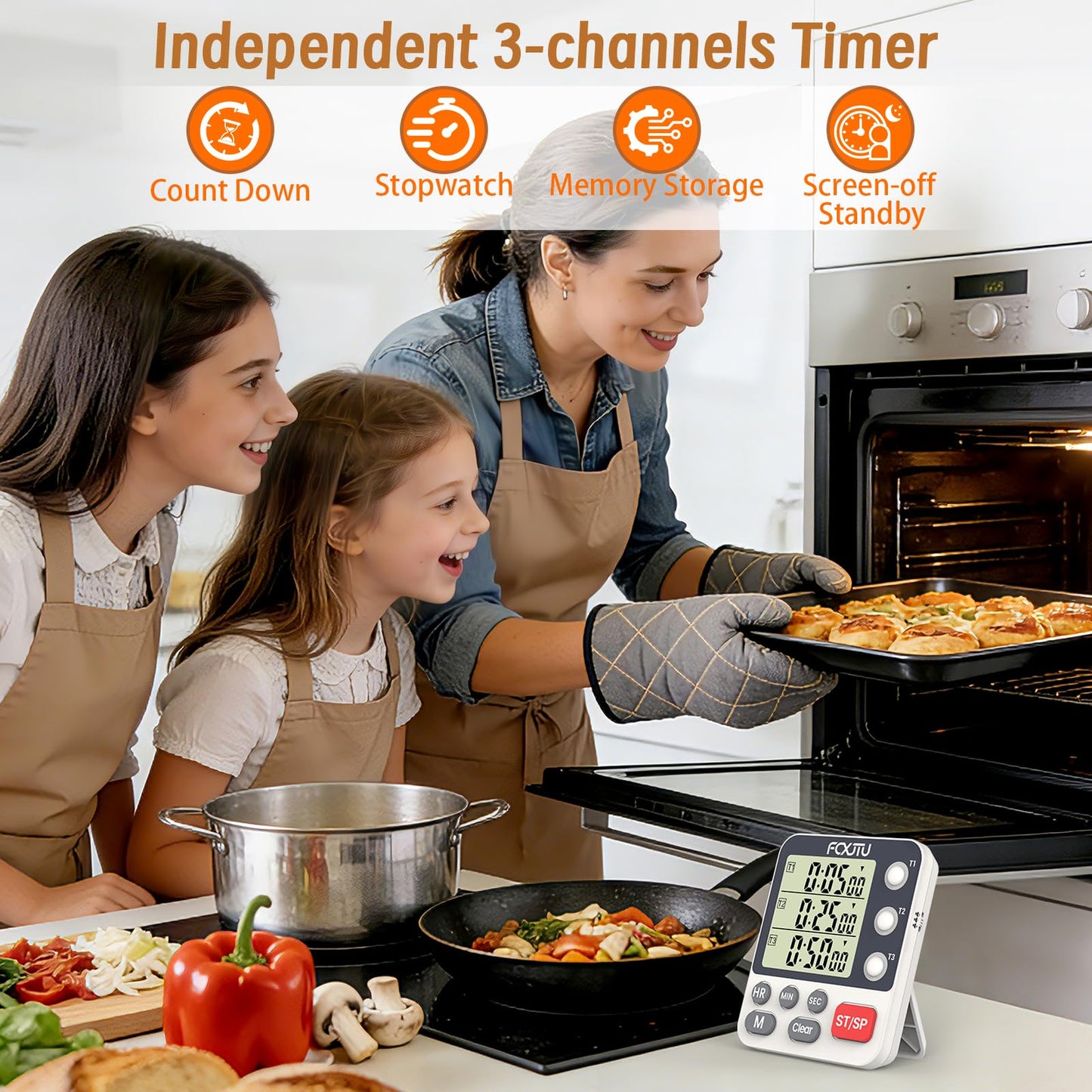 FCXJTU Digital Dual Kitchen Timer, 3-Channel Magnetic Countdown Stopwatch Timer for Cooking, Large Display, Loud Alarm, 100Hr Multi Food Classroom Timer for Seniors & Teachers (Battery Included)