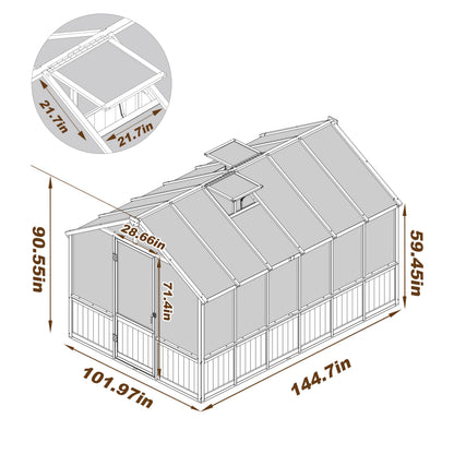 Yardenaler 8x12 FT Greenhouse Kit with 6MM Thick Polycarbonate Panel for Outdoor, Wooden Walk-in Green House with Adjustable Roof Vent and Lockable Door, Backyard, Garden, Light Mocha Brown