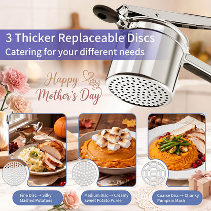 Potato Ricer, Ricer for Mashed Potatoes, 3 Interchangeable Discs Potato Masher Stainless Steel for Fluffy Mashed Potatoes, Heavy Duty Spaetzle Maker with Silicone Handle, for Gnocchi Spaghetti