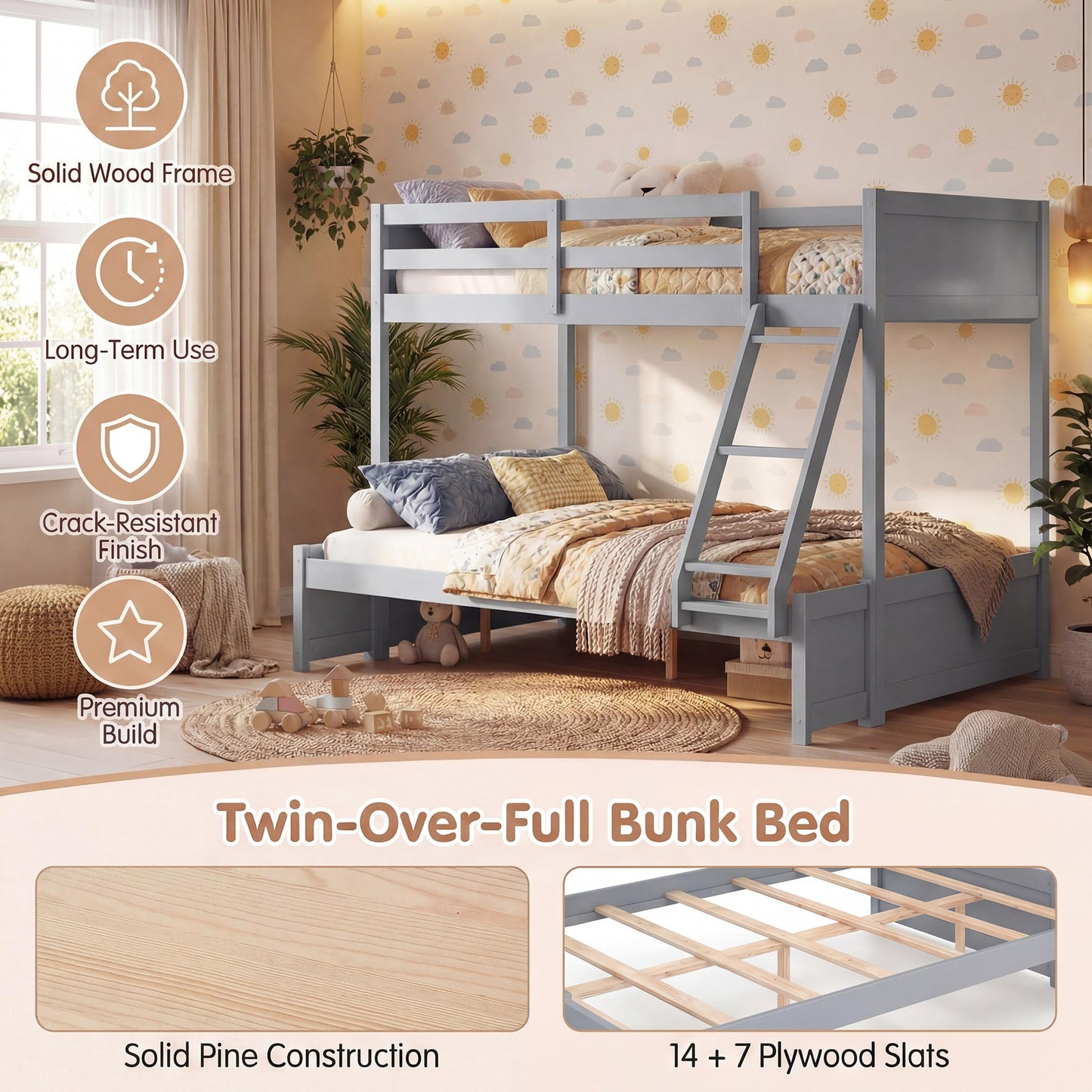 KOMFOTT Twin Over Full Bunk Bed, Pine Bed Frame with 3-Step Ladder, Full-Length Guardrails & 21 Wooden Support Slats, Solid Wood Bunk Bed for Teens, Kids, Adults, Dorms and Apartments (Grey)