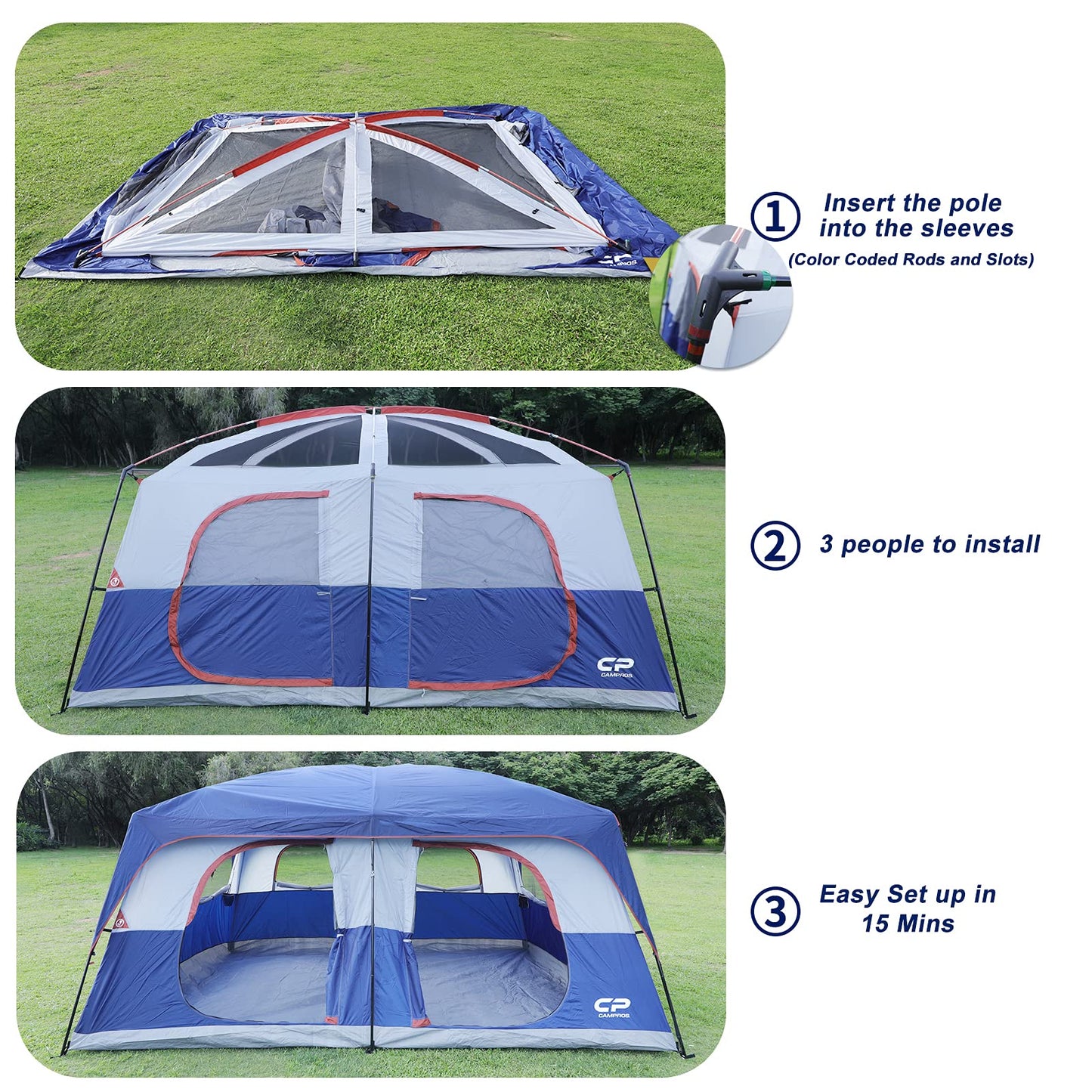 CAMPROS CP 12 Person Cabin Tent, 2 Room Extra Large Straight Wall Camping Tents Waterproof Windproof with Top Rainfly, 6 Large Mesh Windows, Double Layer, Easy Set Up Family Tent