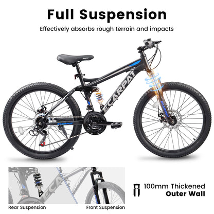 Ecarpat 27.5 Inch Mountain Bike for Men Women Adult, Carbon Steel Frame Mountain Bike with Full Suspension and Dull Disc Brake, 21-Speed MTB Bicycle, Black