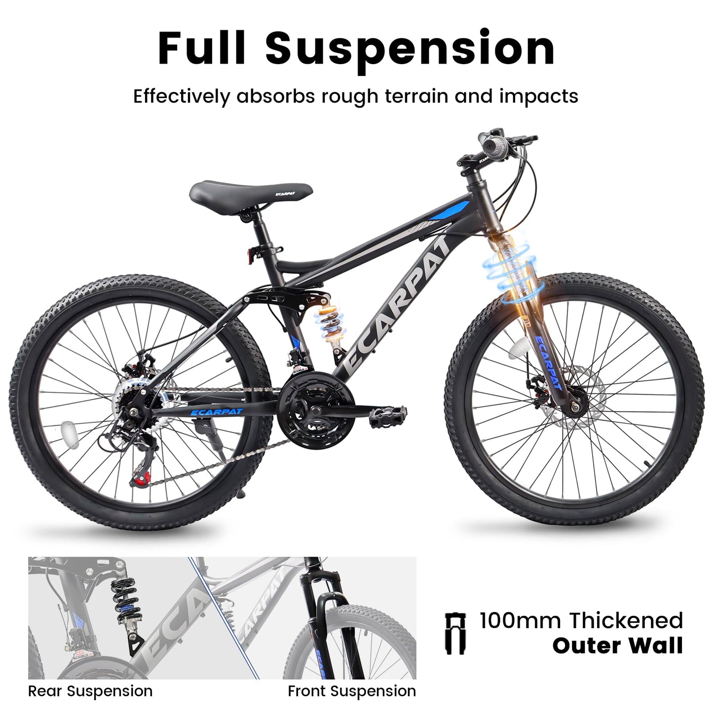 Ecarpat Mountain Bike 24 Inch Wheel, 21-Speed Disc Brakes Thumb Shifter, Carbon Steel Frame Mens Trail Commuter City Snow Mountain Bikes Bicycles