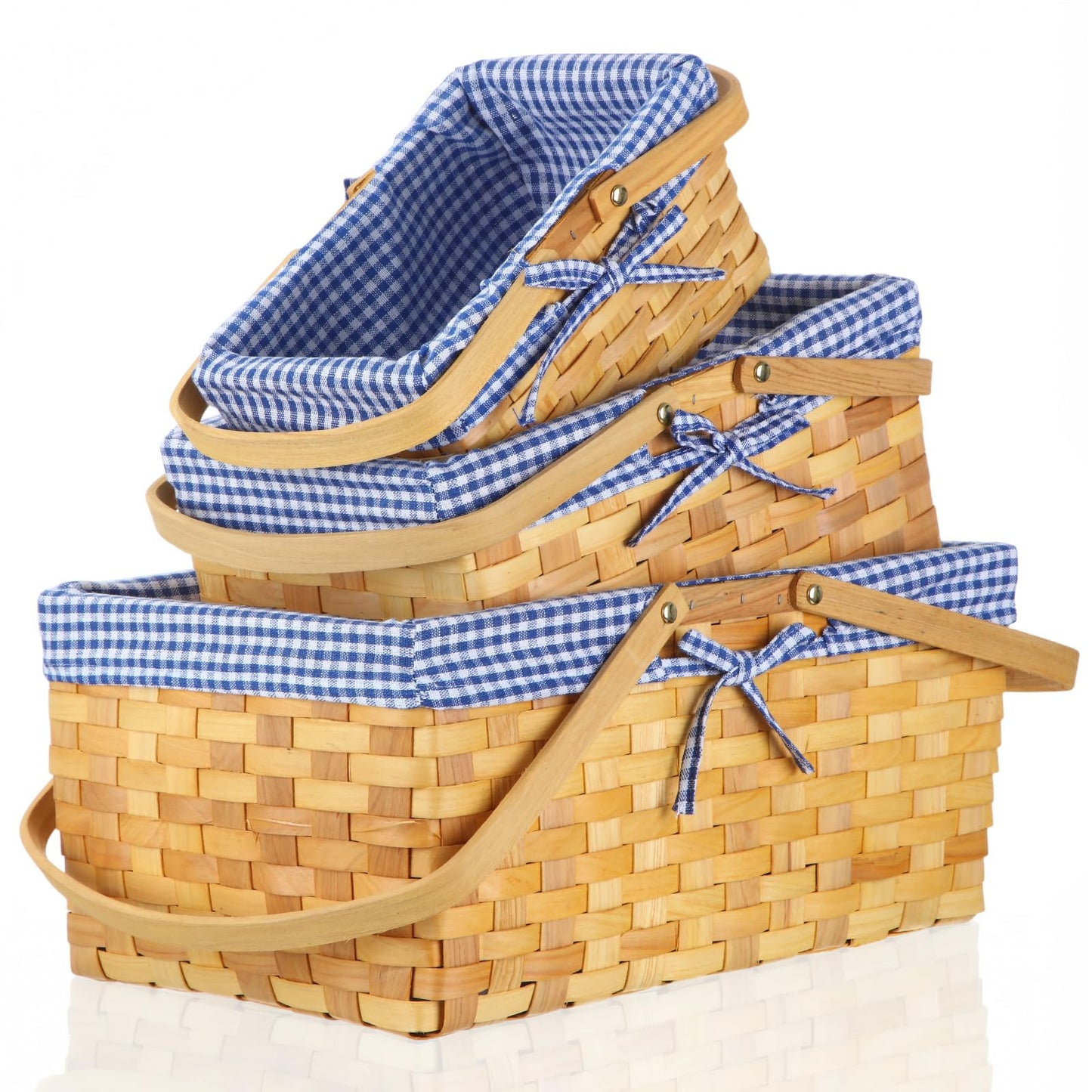 LOYIM 3 Pcs Different Sizes Picnic Basket with Handles Spring Plaid Gingham Checkered Liner Basket Rustic Woven Hamper for Picnic Camping Outdoor Egg Gathering Candy Gift(Blue)