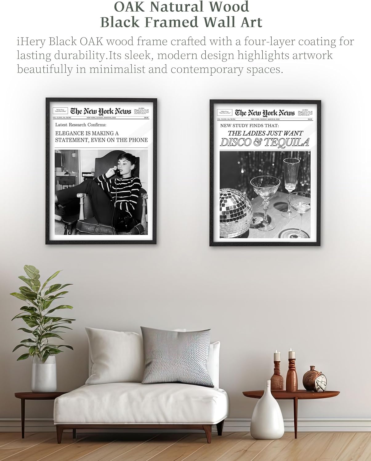 12x16in Set 1 iHery Natural Black OAK Wood Disco Tequila Newspaper Framed Wall Art, Trendy Modern Cocktail Bar Cart