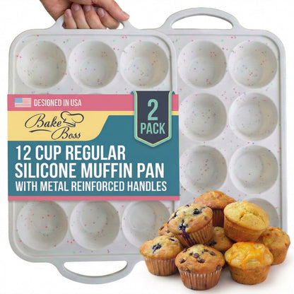 BAKE BOSS 2-Pack Silicone Muffin Pan for Baking with Metal Reinforced Frame -12 Cup Regular Size Cupcake Pan, BPA Free Silicone Muffin Tray - Cupcake Baking Pan Molds for Oven & Dishwasher Safe