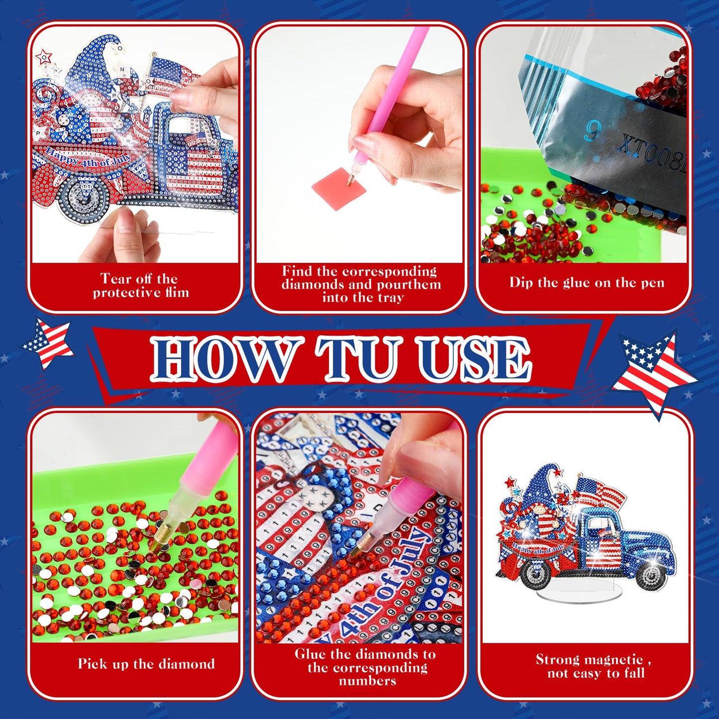 Frienda 3 Pcs 4th of July Diamond Art Patriotic Table Centerpieces Independence Day Diamond Table Decorations Red White Blue Tabletop Decor United States 250th Anniversary Home Decor