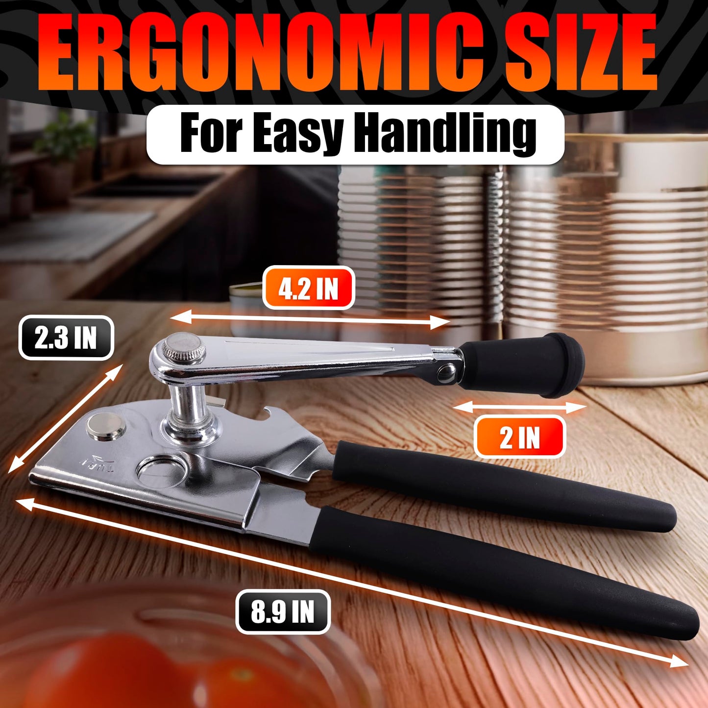 Heavy Duty Commercial Can Opener – Stainless Steel Can Opener for Large & Small Cans, Manual 360° Smooth Crank with Ergonomic Long Handles, Non-Slip Grip, 2-in-1 Bottle Opener for Restaurants & Home
