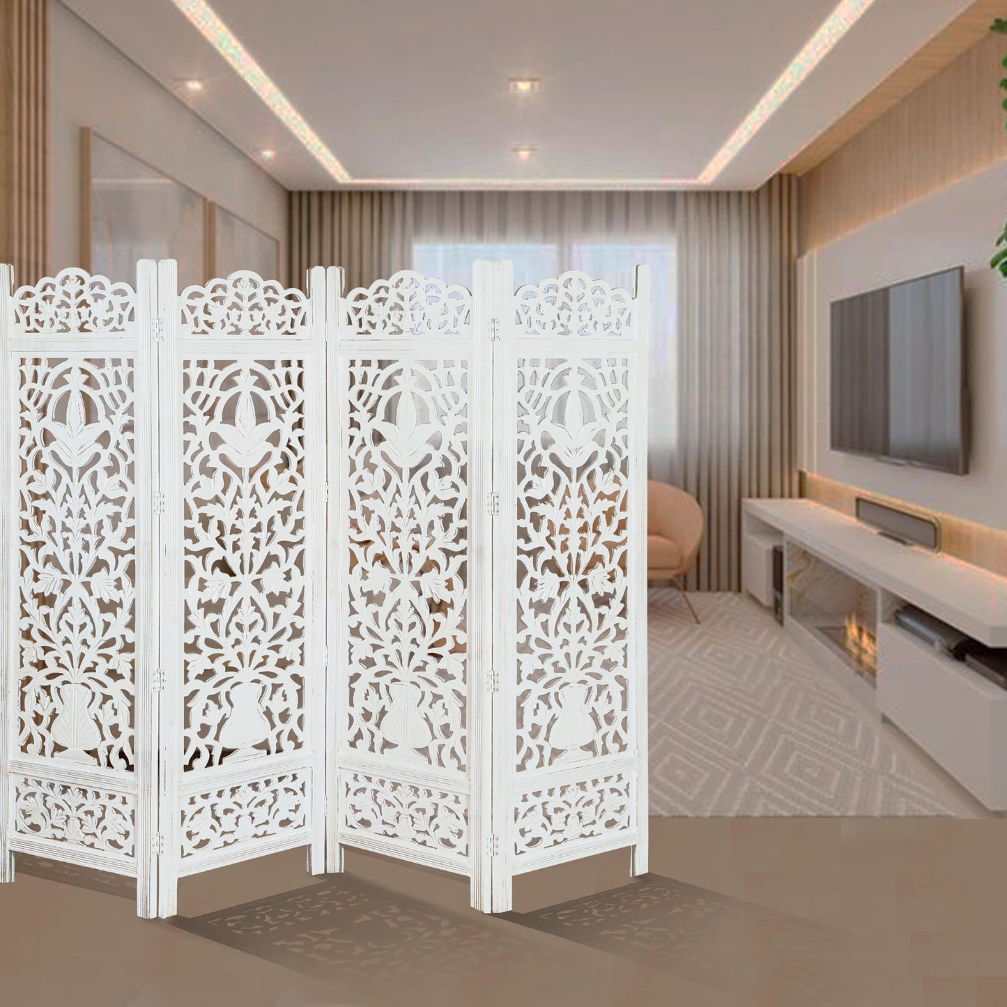 Lightnpro 4-Panel Wooden Room Divider 72"×72" - Hand-Carved Floral Folding Privacy Screen | Pre-Assembled Large Decorative Partition for Living Room, Bedroom, Office & Boho Home Décor - Antique White