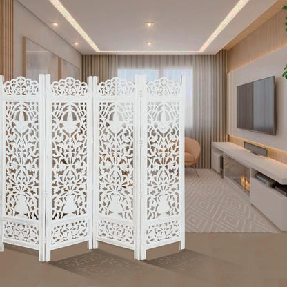 Lightnpro 4-Panel Wooden Room Divider 72"×72" - Hand-Carved Floral Folding Privacy Screen | Pre-Assembled Large Decorative Partition for Living Room, Bedroom, Office & Boho Home Décor - Antique White