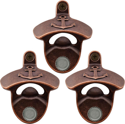 Nautical Wall Mounted Bottle Opener with Magnets, Antique Copper Magnetic Anchor Beer Cap Opener (Pack of 3)