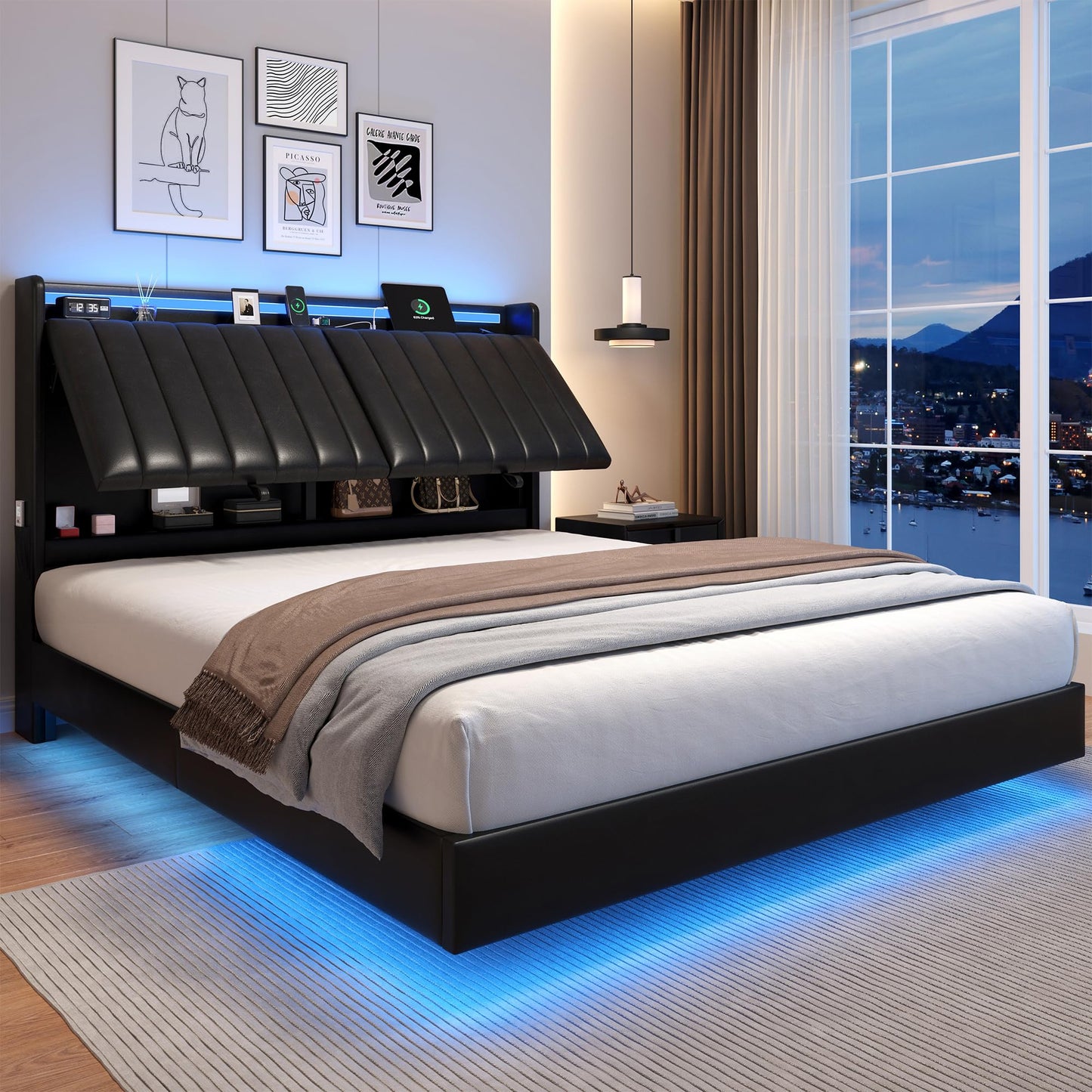 Jocoevol Queen Size Floating Bed Frame with Ergonomic Hidden Storage Headboard and LED Lights, Visual Floating LED Bed Frame with Charing Station, Leather Upholstered Platform Bed, Heavy Duty, Black