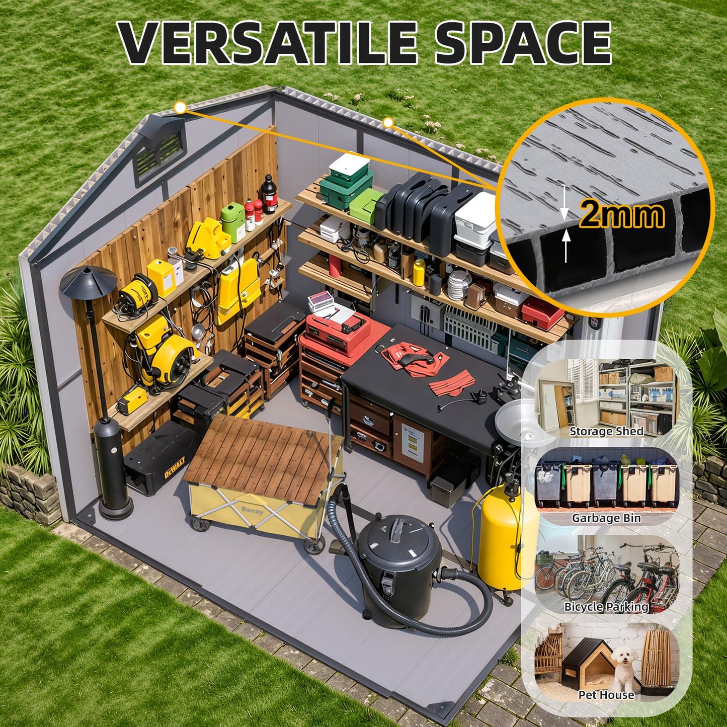 MELLCOM 6 x 8 FT Plastic Outdoor Storage Shed with Windows, Plastic Outdoor Storage Tool Shed with Floor and Lockable Door, Resin Garden Shed for Lawnmower, Bike, Pool Supply