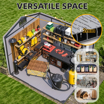 MELLCOM 6 x 8 FT Plastic Outdoor Storage Shed with Windows, Plastic Outdoor Storage Tool Shed with Floor and Lockable Door, Resin Garden Shed for Lawnmower, Bike, Pool Supply