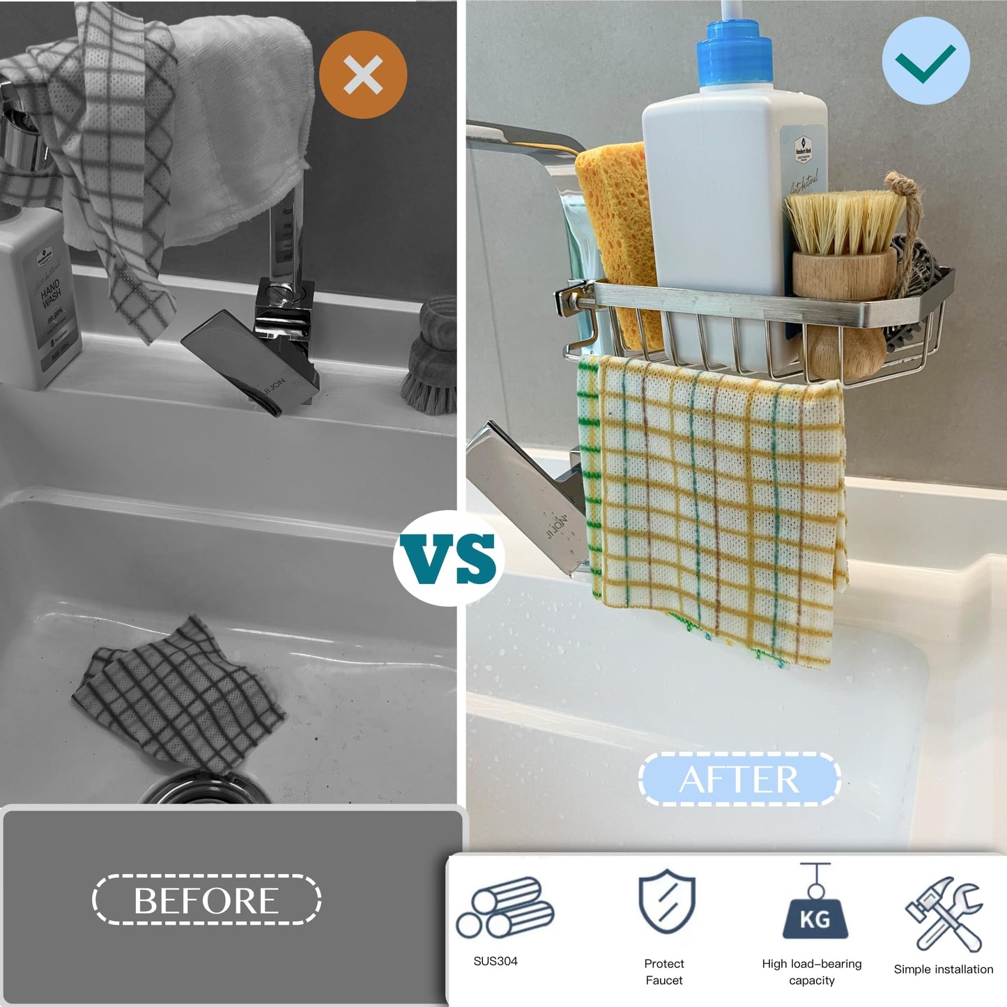 OSOVGO Sponge Holder for Kitchen Sink, Kitchen Organizer, 304 Stainless Steel Cleaning Supplies Organizer, Sink Brush Holder, Sink Organizer, Hanging Organizer (ROUND RIGHT)