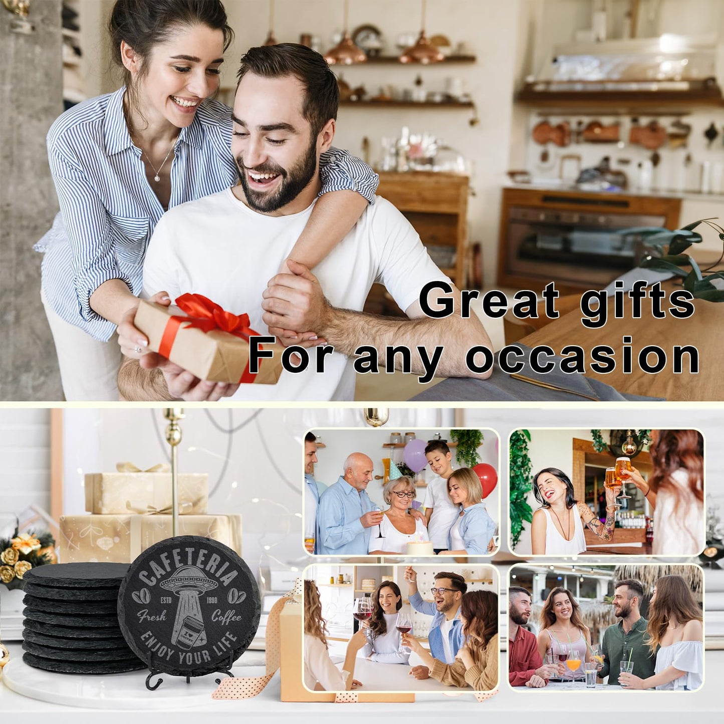 60 PCS Black Slate Stone Coasters Bulk, MAPRIAL 4 Inch 20 PCS Square, 20 PCS Round, 20PCS Hexagon Handmade Drink Coaster for Laser Engraving, Engravable Blanks Material for Engraver, Gifts, Halloween