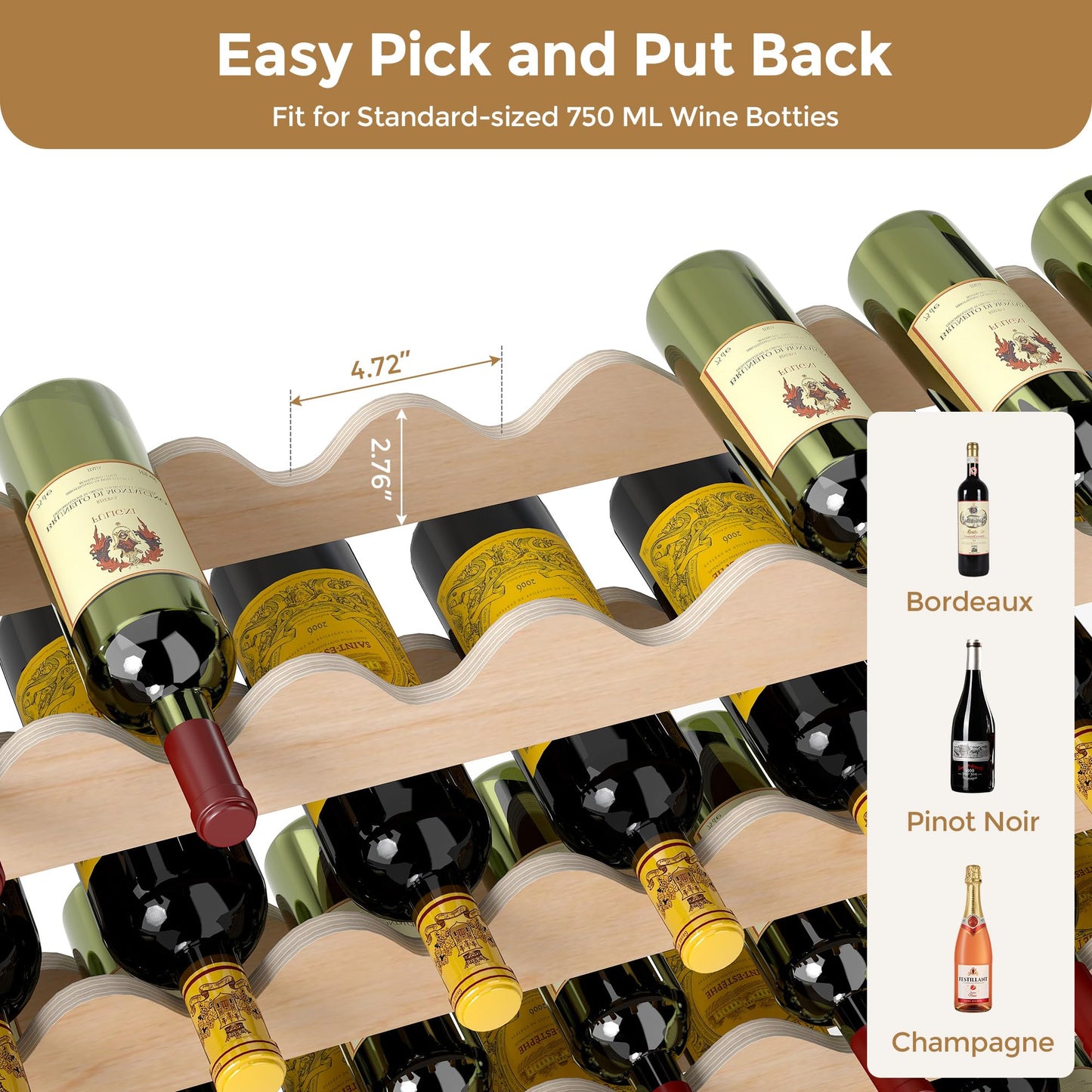 Stackable Wine Rack - 6-Tier Wobble-Free Modular Wine Holder, Freestanding Wooden Wine Storage Shelf for 750ML Bordeaux/Riesling/Burgundy Bottles, Fit Kitchen Cellar Gift for Wine Lovers(54 Bottle)