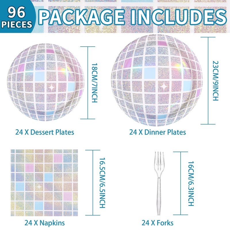 96Pcs Disco Party Supplies Pink Pastel Silver Disco Ball Plates and Napkins Sets Rainbow Iridescent Birthday Decorations for Dancing Queen 17th Wedding Sprinkle Bachelorette 70s Disco Party Serves 24