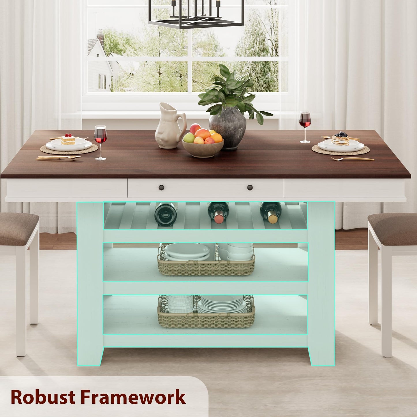 SLEKVERSA Farmhouse Dining Counter Height Table with Wine Rack & 3 Shelves, 36" Wooden Tall Dining Table with 2 Drawers, Thick Frame Counter Height Kitchen Table for Entertaining, Retro White Brown