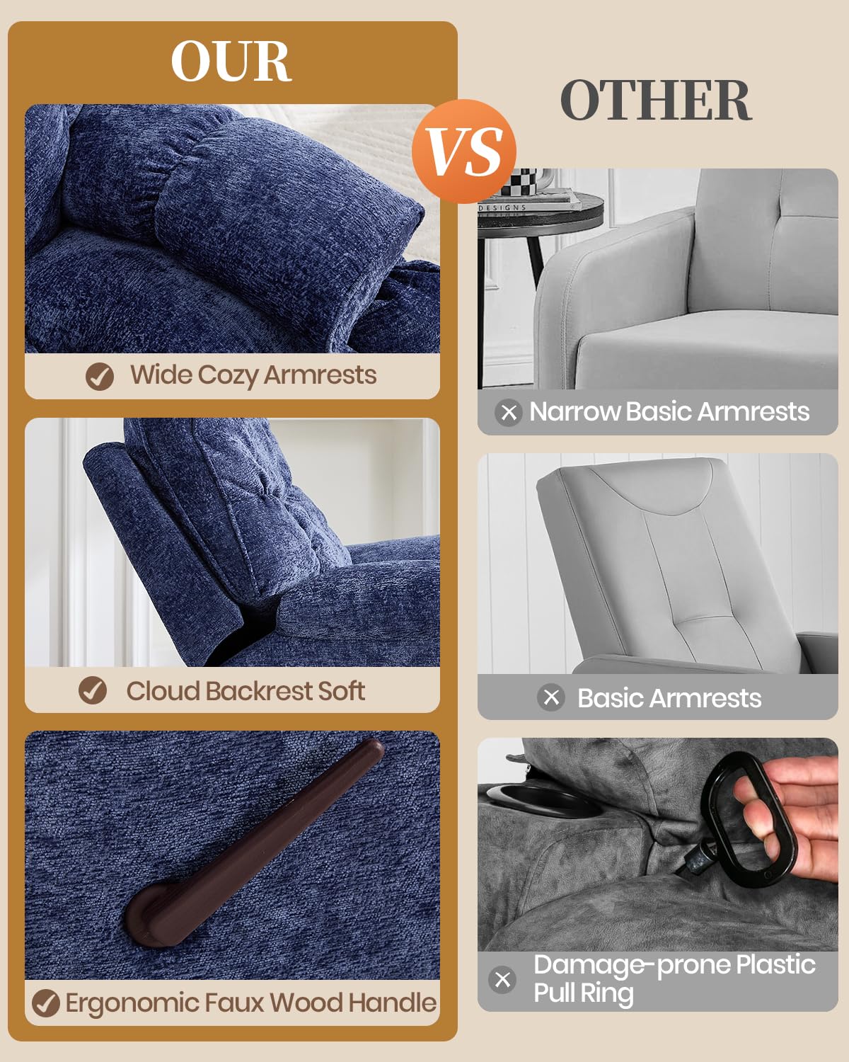 GARTMILAN Oversized Manual Recliner Chair with 360° Swivel, Big and Tall Rocker Glider for Nursery Living Room, Chenille Overstuffed Reclining Sofa with Handle, 375lbs (Blue, Manual)