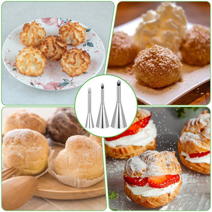 Wanmu Cream Filling Piping Tip, 3PCS Long Puff Nozzle Tips with 50 Disposable Pastry Piping Bags & Injector Tip Cleaning Brush for Donuts, Cupcakes, Cream Puffs
