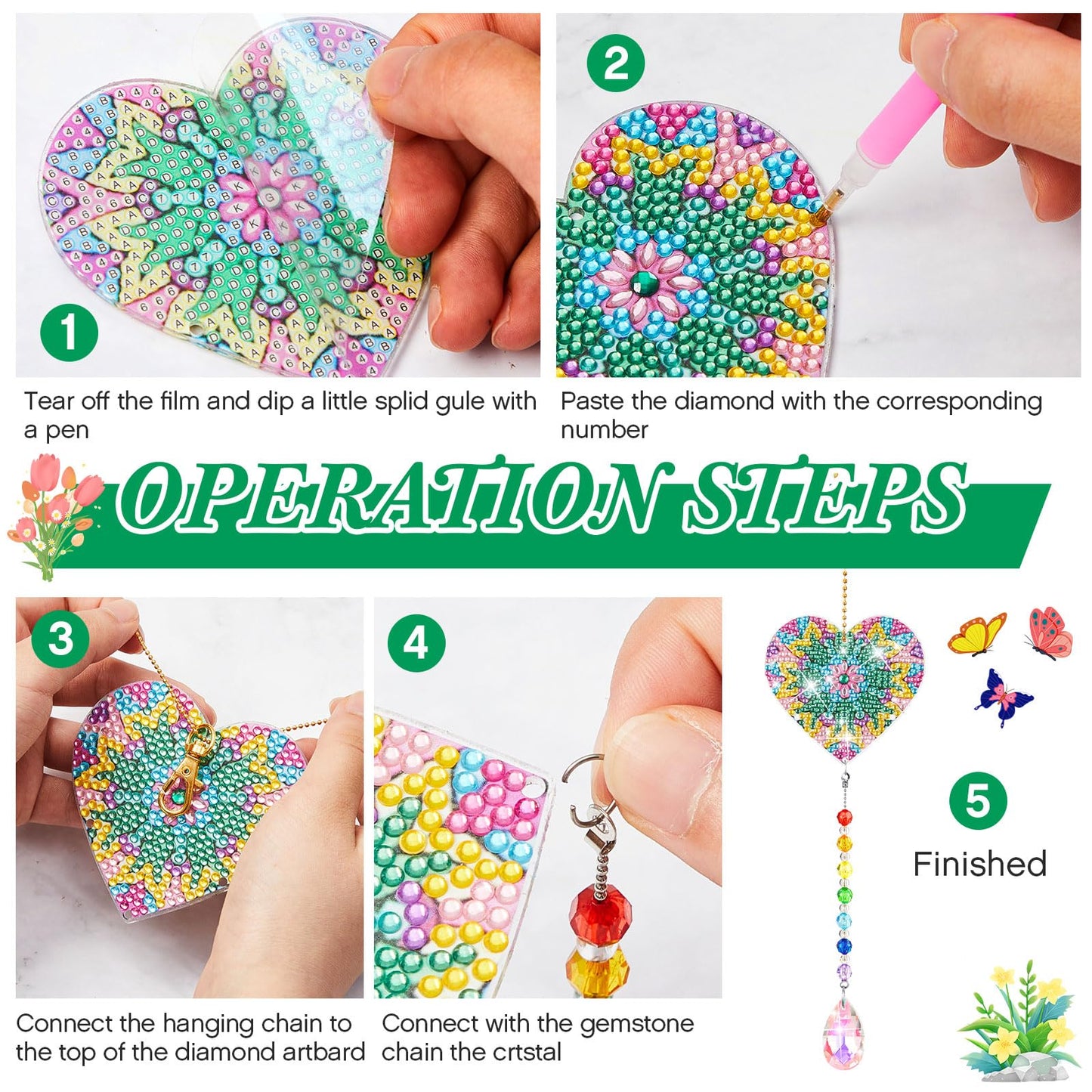 Thyle 9 Pcs Diamonds Painting Suncatcher Kit Wind Chimes DIY Diamond Kits Diamond Art Sun Catchers for Adults DIY Crafts Garden Home Decor Crystal Hanging Ornaments, 9 Styles