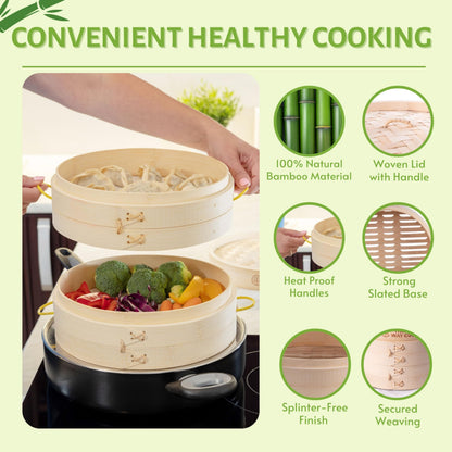 Bamboo Steamer 10 Inch 2 Tier Wooden Basket With Handle, Ring Adapter, Reusable Silicone Liner, Adapter, Molder Press For Cooking Vegetables Dumpling Press & Dough Cutter for Steaming Chinese Asian Food & Bao Bun, Dim Sum Potsticker