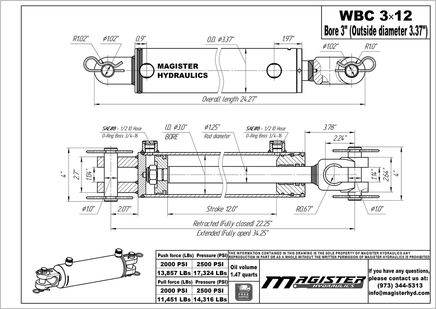 Magister Hydraulics Double Acting Hydraulic Cylinder - AG Clevis Hydraulic Cylinder 2500 PSI tie-Rod Alternative 3" bore 12" Stroke (3x12)