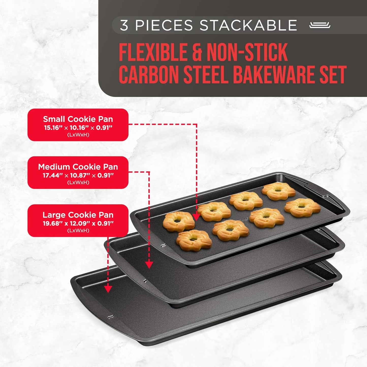 Bakken Swiss Cookie Sheet 3 Piece Set, Non-Stick Stackable Baking Pans with Gray Deluxe Ceramic Coating, Dishwasher Safe