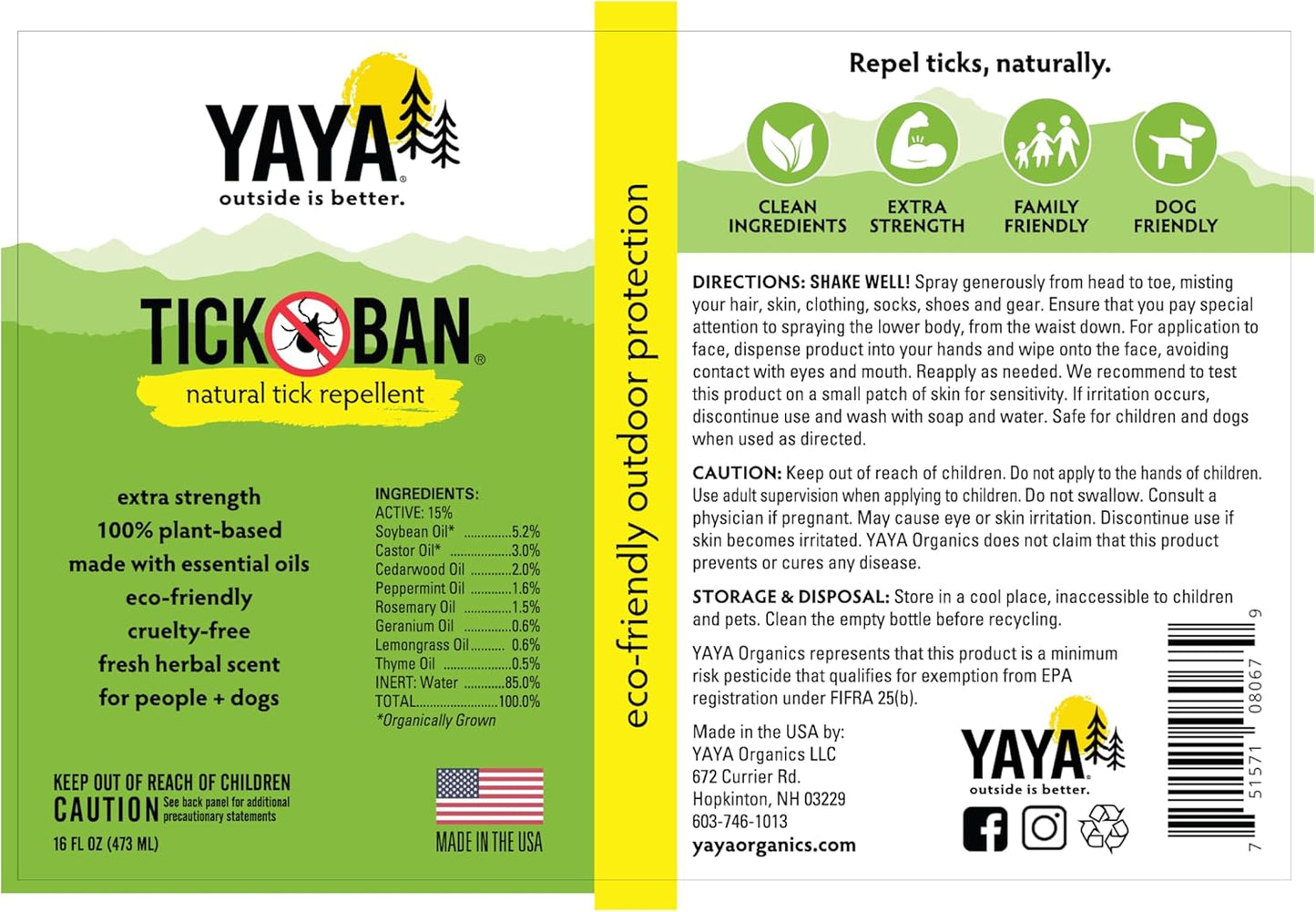 Yaya Organics All Natural Extra Strength Tick Repellent DEET Free - 16 Ounce Spray Bottle