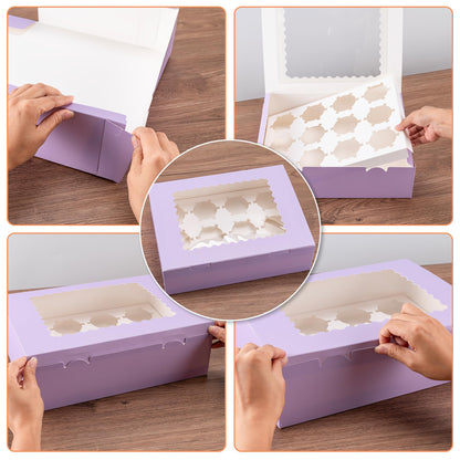 Hoewina 6PCS Cupcake Boxes - Hold 12 Count Cupcake Containers with Window, Food Grade Cupcake Holder Easy Transport and Presentation - Ideal for Cupcakes, Desserts, and More (Light Purple)