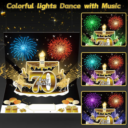 Turypaty 70th Birthday Cards Pop Up 3D Cake - Firework & Music & Blow Out Candle Light Funny Happy 70 Black Gold Birthday Card Gifts for Men, Women, Friends, Boyfriend, Dad, Mom, Husband, Wife