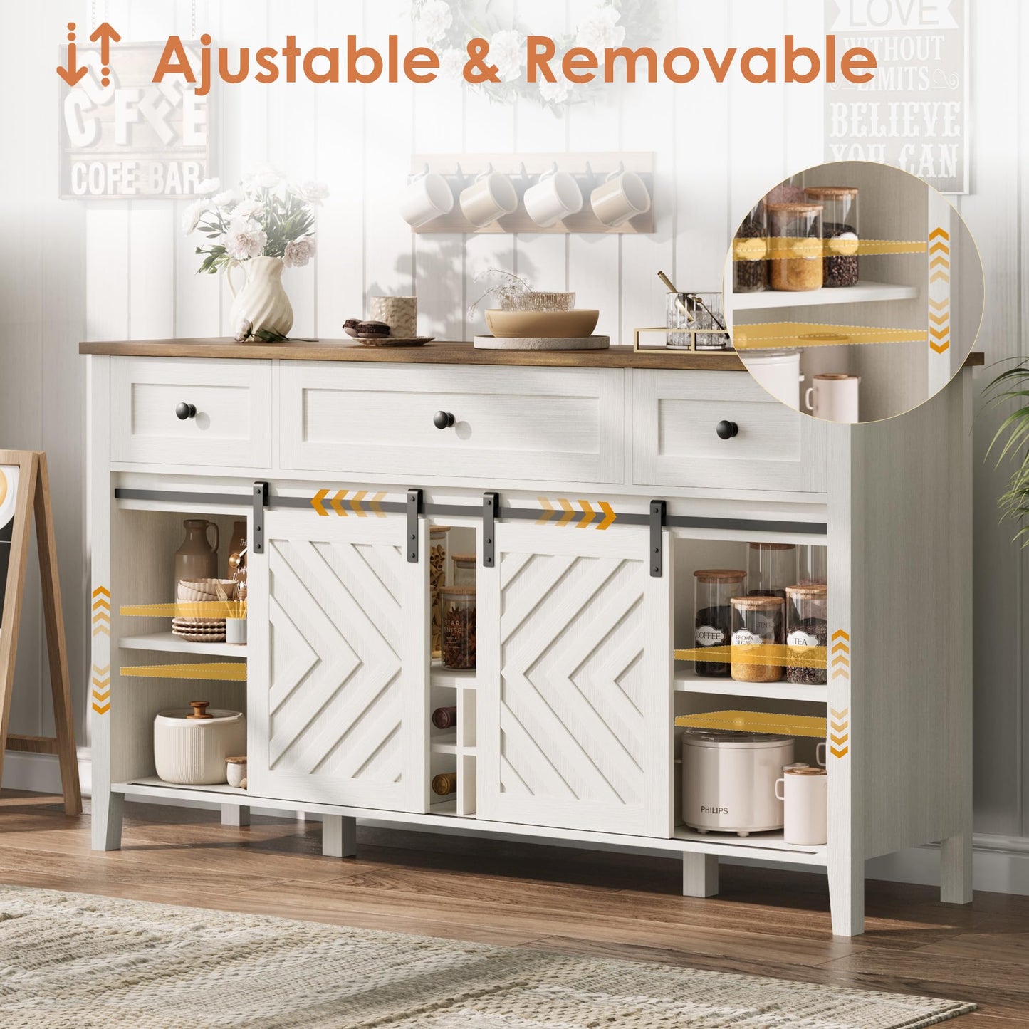 IDEALHOUSE 59'' Farmhouse Buffet Cabinet with Sliding Barn Door, 33.4'' Tall Wood Rustic Sideboard with 3 Drawer, Adjustable Shelf and Removable Wine Rack for Dining Room, Kitchen, White
