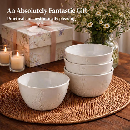 DOWAN 32 OZ Bowls, Soup Bowl Set of 4, Large Ceramic Bowls for Soup, Cereal, Pasta Bowls, Embossed Floral Design, Stackable, Microwave & Dishwasher Safe, for Ramen and Salad