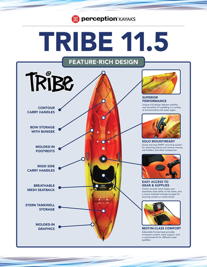 Perception Tribe 11.5 | Sit on Top Kayak for All-Around Fun | Large Rear Storage with Tie Downs | 11' 5" | Dapper
