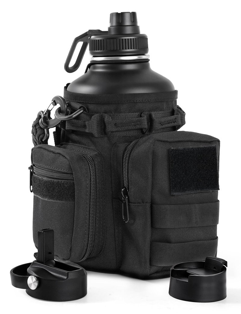 banloga Tactical Half Gallon Water Bottle with Straw, 64 Oz Insulated Water Jug with Molle Water Bottle Holder, Stainless Steel Sport Bottle with 3 BPA Free Lids for Gym Workout Hiking (Black)