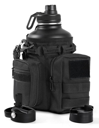 banloga Tactical Half Gallon Water Bottle with Straw, 64 Oz Insulated Water Jug with Molle Water Bottle Holder, Stainless Steel Sport Bottle with 3 BPA Free Lids for Gym Workout Hiking (Black)