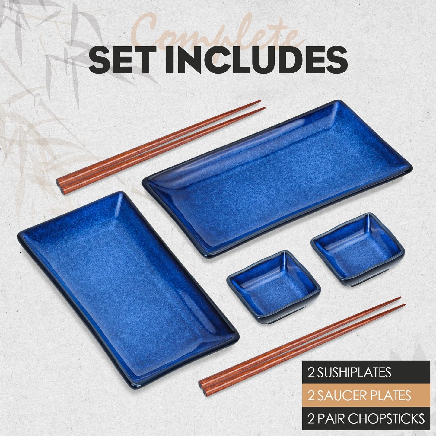uniidea Ceramic Sushi Serving Tray Sets 2, 6 Pieces Japanese Style Porcelain Sushi Plate Set with Soy Sauce Dishes, Bamboo Chopsticks Housewarming Gift, Blue
