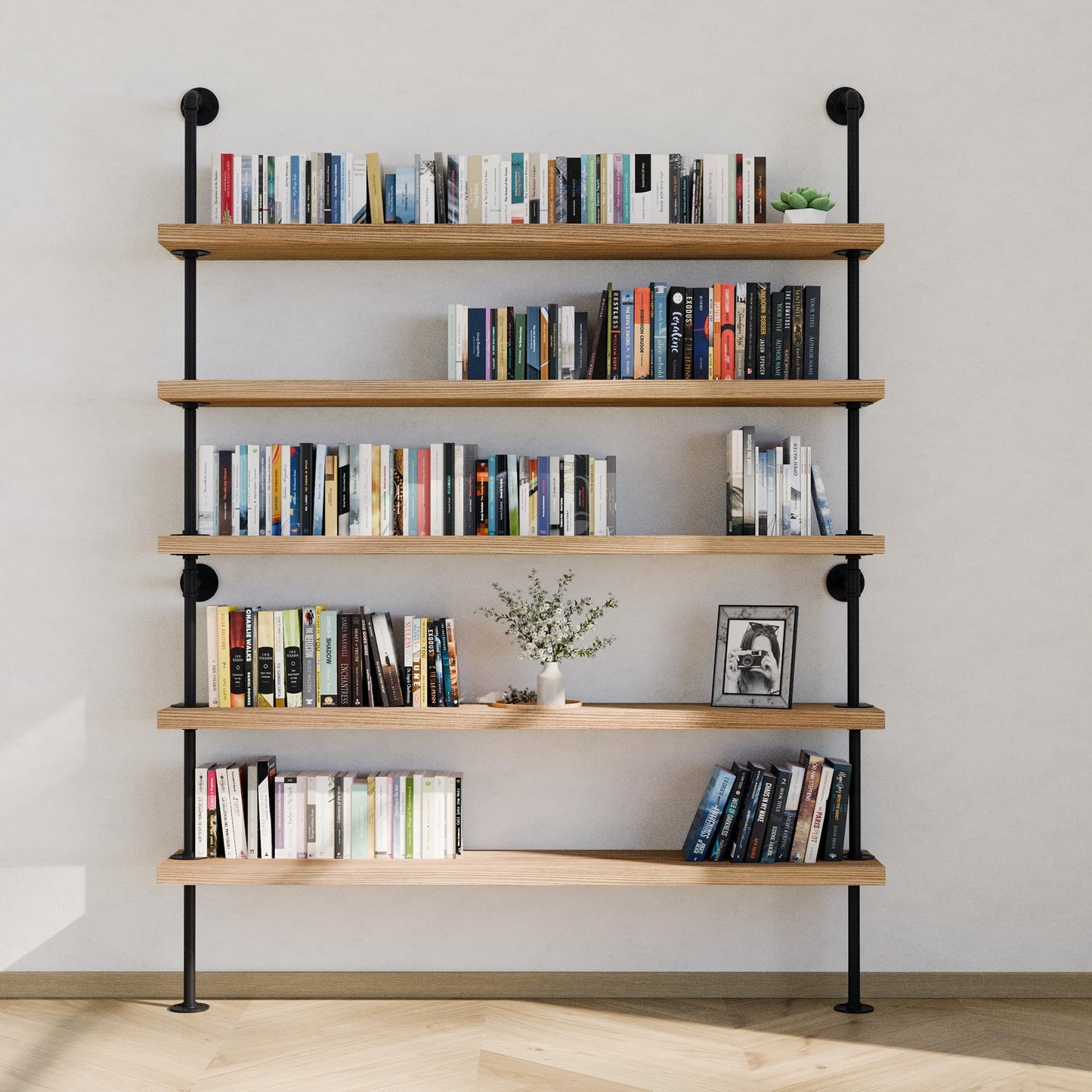 Wallniture 60" Long 5 Shelf Bookcase with 9.25" Deep and 1.5" Thick Real Solid Wood Boards, Standing Bookshelf with Pipe Style Wall Support - 5 Tier - Burnt
