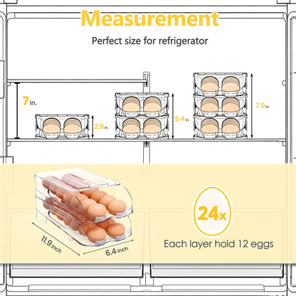 SMRCAD Egg Holder for Fridge, Automatic Steady Rolling Egg Container with Soft Bumpers & Handle for Refrigerator, Stackable Fridge Organizers and Storage with Lid