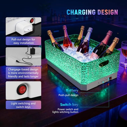 FUNDLEDMI 15L LED Ice Bucket for Parties, Rechargeable 7-Color Changing Light Up Beverage Tub, Clear Acrylic Wine & Champagne Drink Cooler, Leakproof Party Tub for Home Bar & Outdoor Entertaining