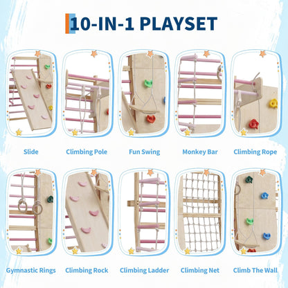 ActiveTrail Multi-Functional Swedish Ladder Wall Gym, 79'' Wooden Wall-Mounted Climbing Set with Slide, Swing, Rope, Rings, Monkey Bars, Indoor Playset for Kids and Adults