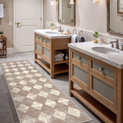 Lahome Zelie Moroccan Treills Runner Rug, 2x6 Beige Washable Rug Runner Carpet Runners for Hallway 6ft Non Skid, Checkered Kitchen Bathroom Non Skid Runners for Bedroom Hallway Entryway
