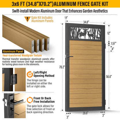 Brukid 3x6 FT Aluminum Fence Gate Kit Wood Grain Aluminum Gate with Decorative Cutout, Lock & Hinges, Left/Right Opening, Weather Resistant for Yard Garden Patio